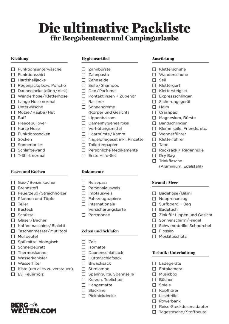 Die ultimative Packliste für Campingurlaube und Bergabenteuer